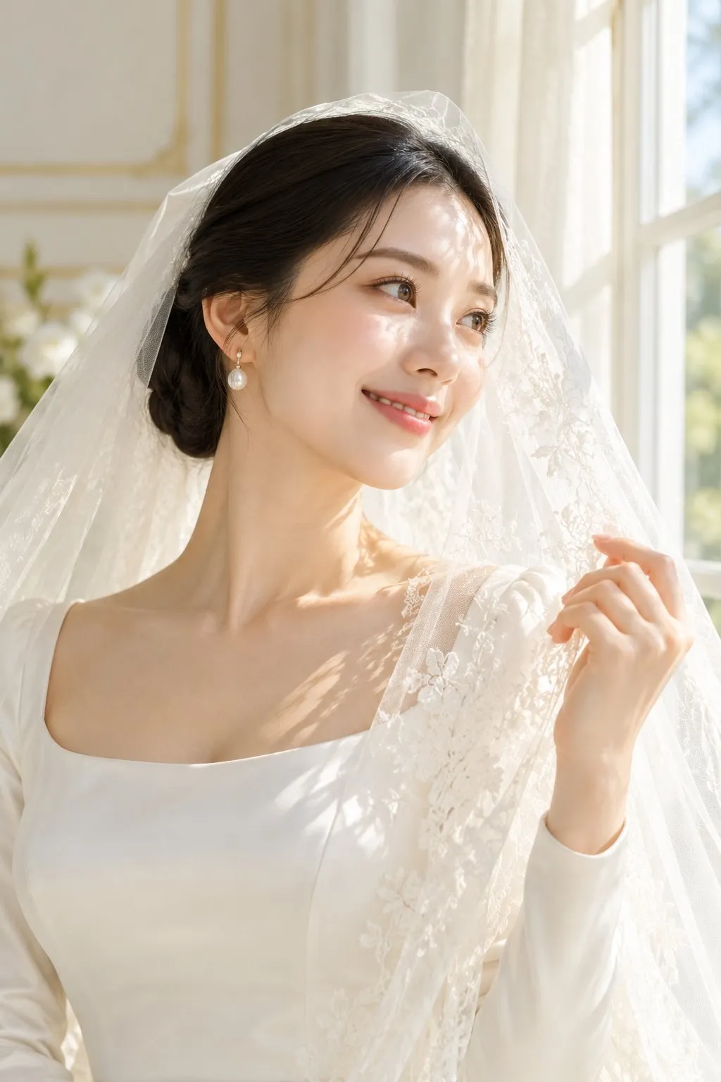 Bride portrait lit by soft morning light from a window