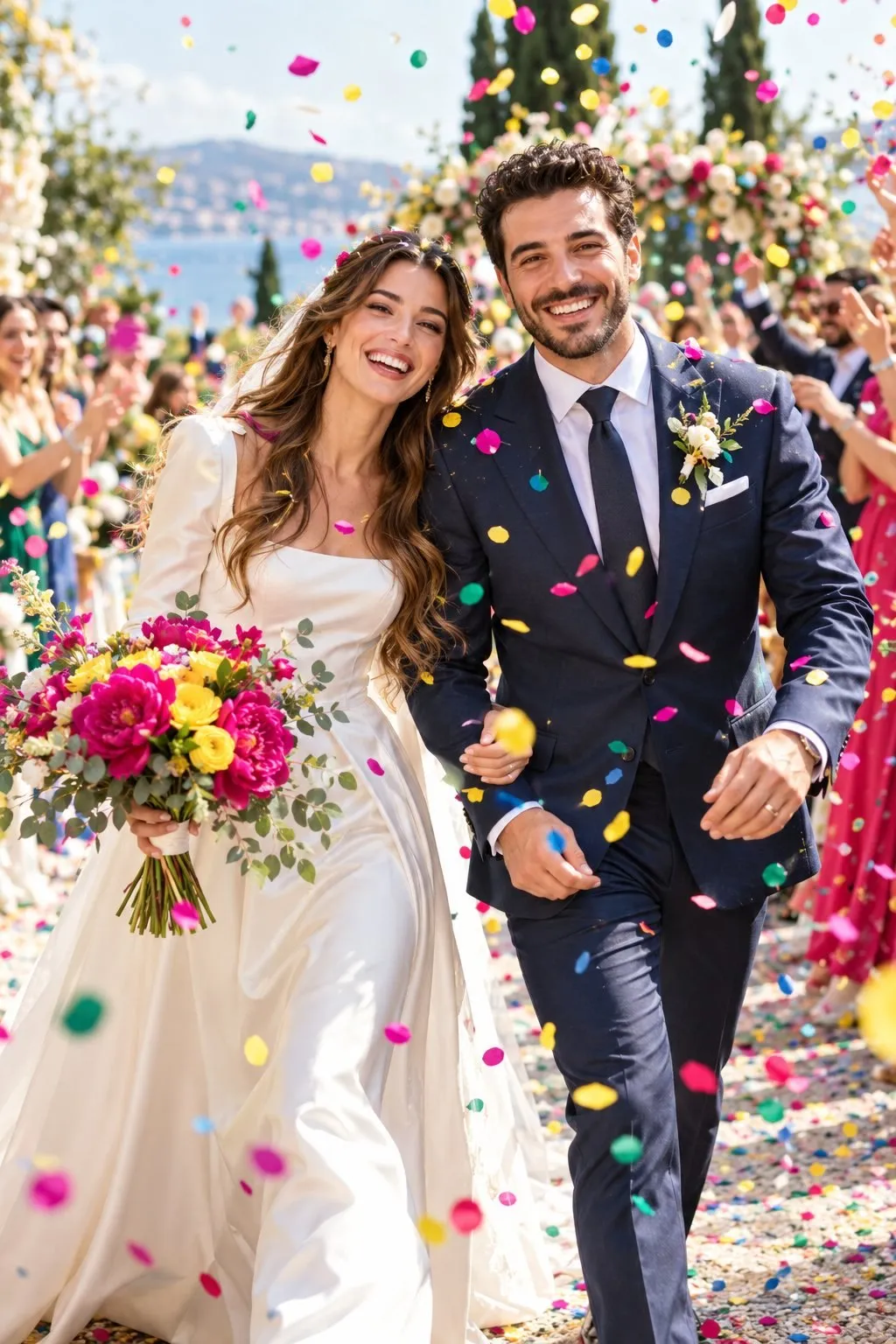 Mariés qui rient main dans la main sous une pluie de confettis colorés