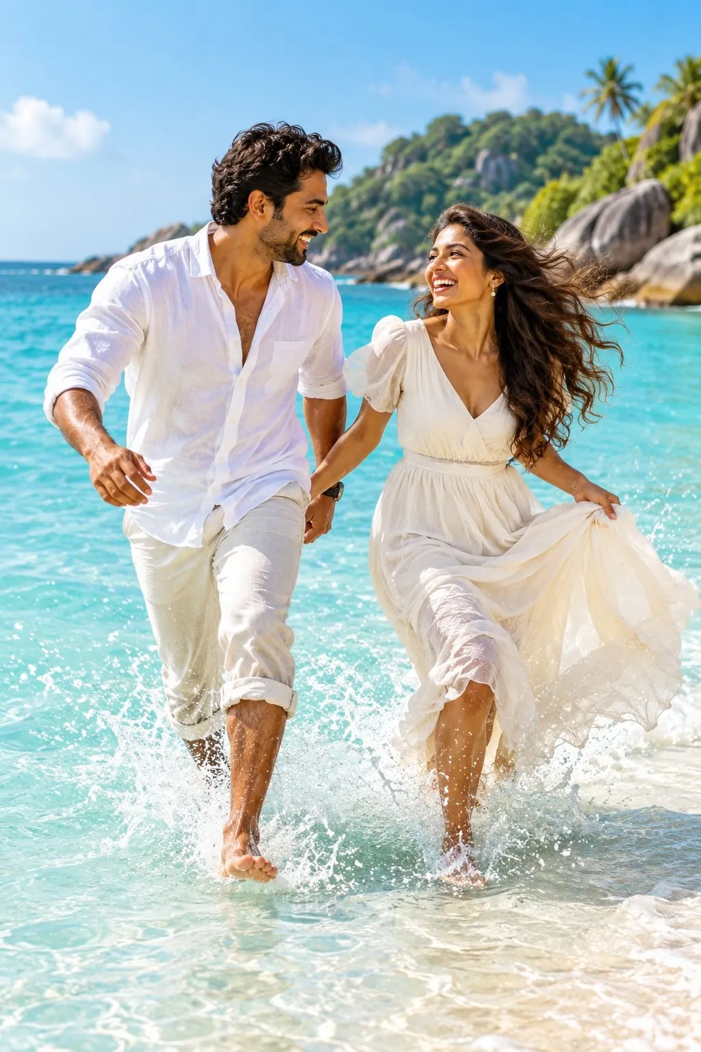 Bride and groom posing at the water's edge in the Seaside wedding style