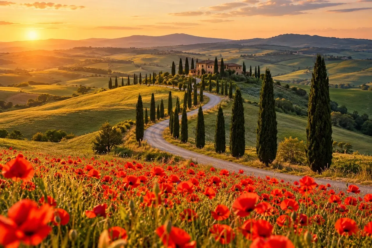Colline verdi della Toscana con un filare di cipressi