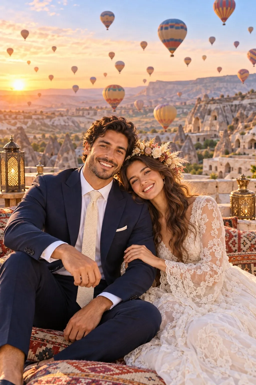 Foto matrimonio Cappadocia con sposa e sposo davanti alle mongolfiere nel cielo