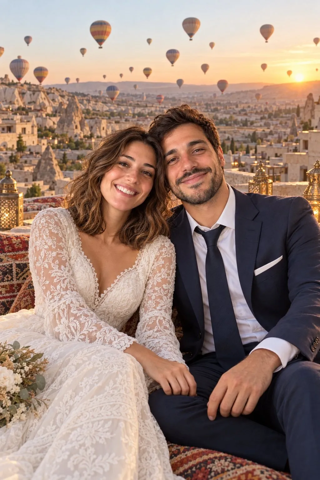 Coppia in abito da sposa e completo su una terrazza in Cappadocia con mongolfiere sullo sfondo