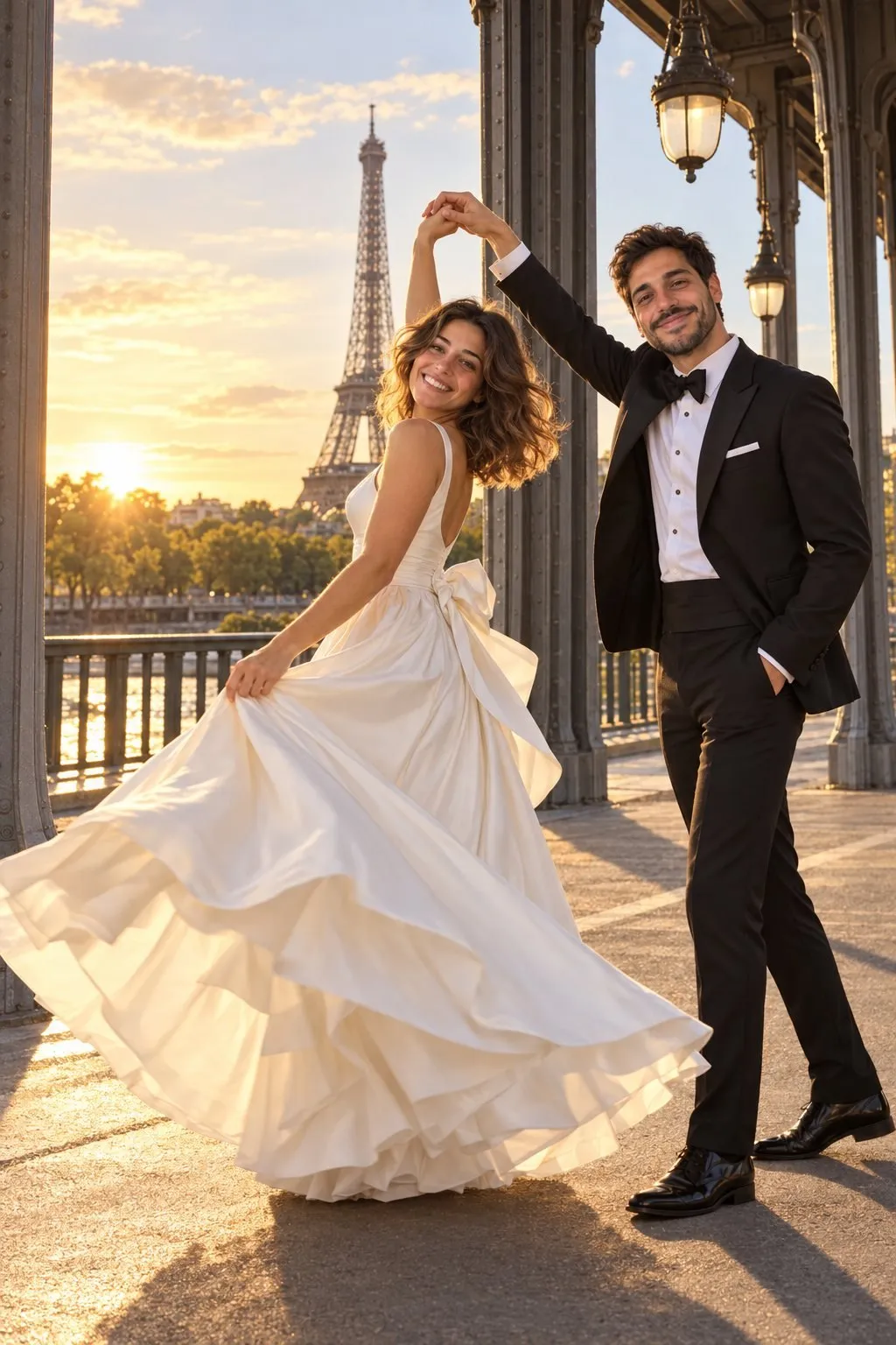 Hochzeitsfotos in Paris: Brautpaar in Brautkleid und Anzug in der Nähe des Eiffelturms