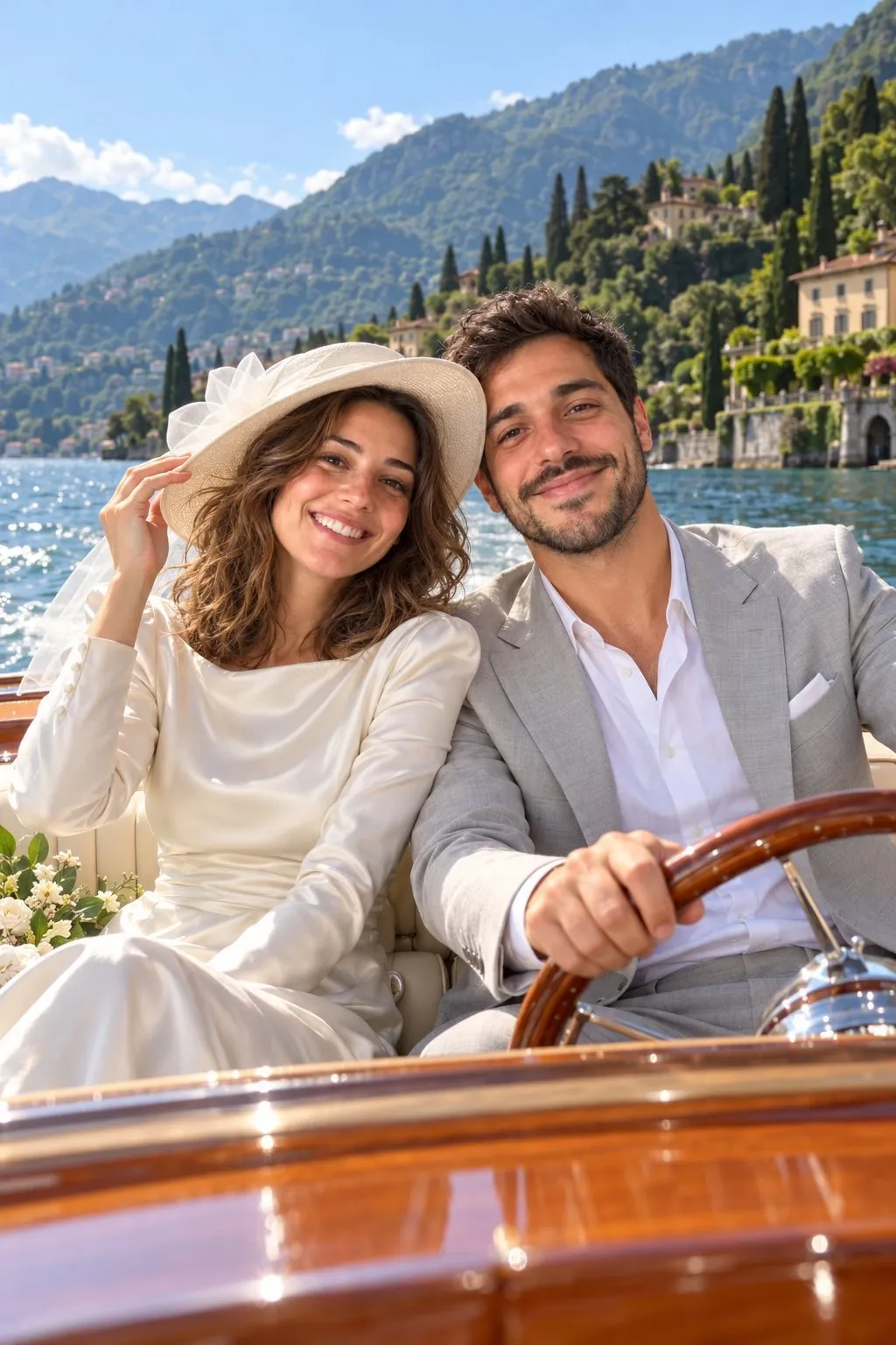 Couple as bride and groom at Lake Como, created from a portrait that follows these AI photo tips