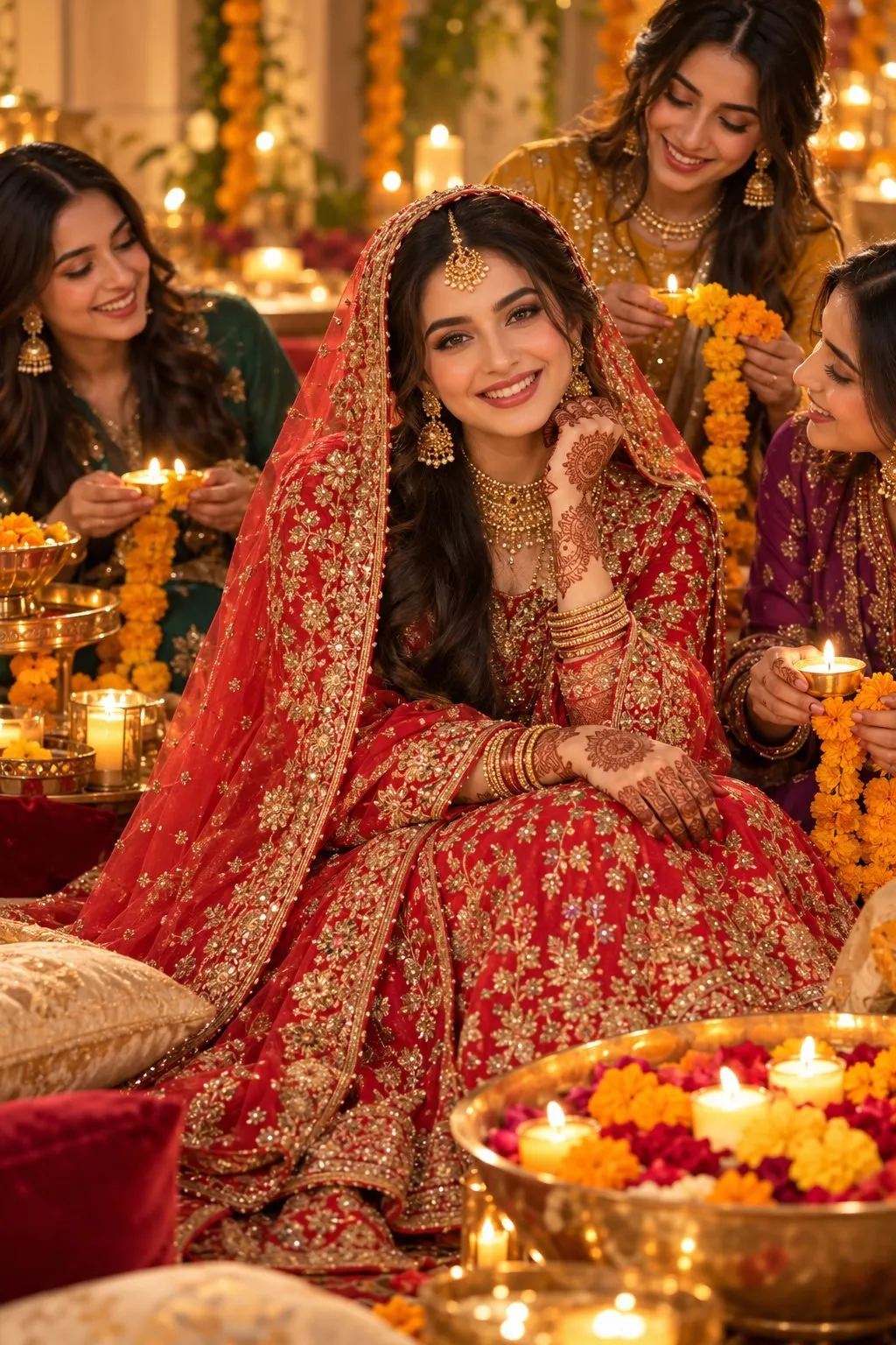 Henna night celebration with traditional outfits and candlelit decorations