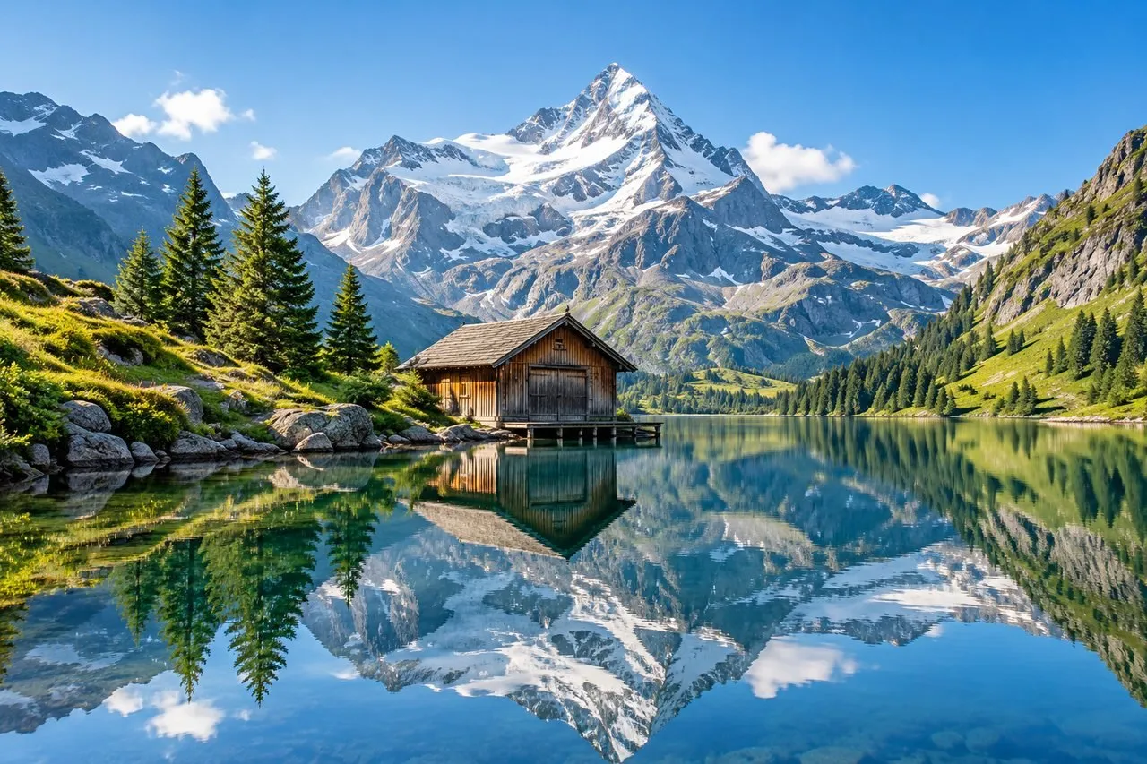 Montagne innevate delle Alpi svizzere sopra un lago calmo