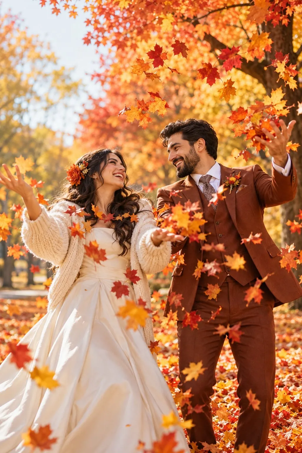Sonbahar yaprakları arasında el ele yürüyen çift