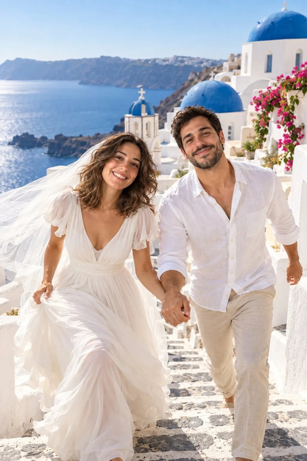Exemple de photos de mariage IA : le même couple en mariés devant les maisons blanches de Santorin