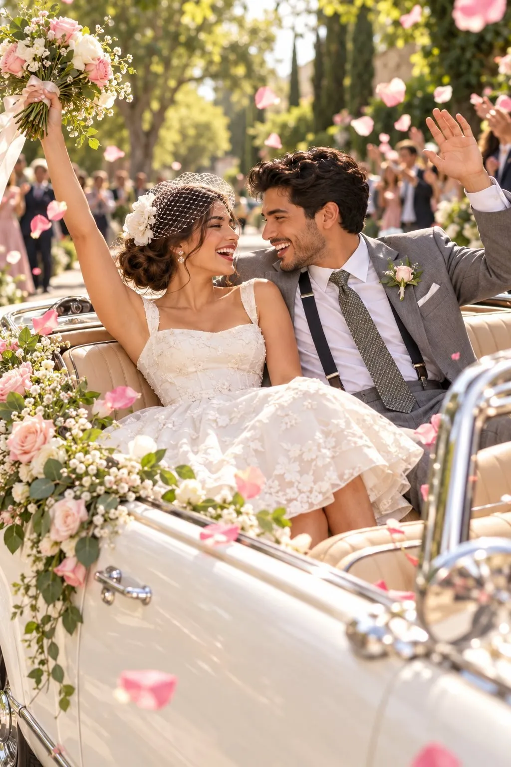 Newlyweds smiling in a getaway car decorated with flowers and ribbons