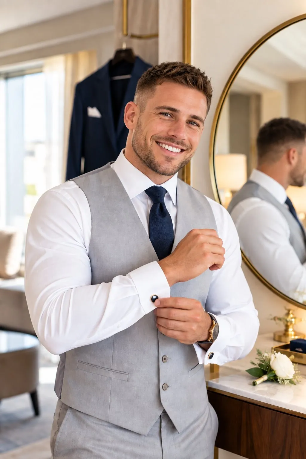 Groom adjusting his suit while getting ready on the wedding morning