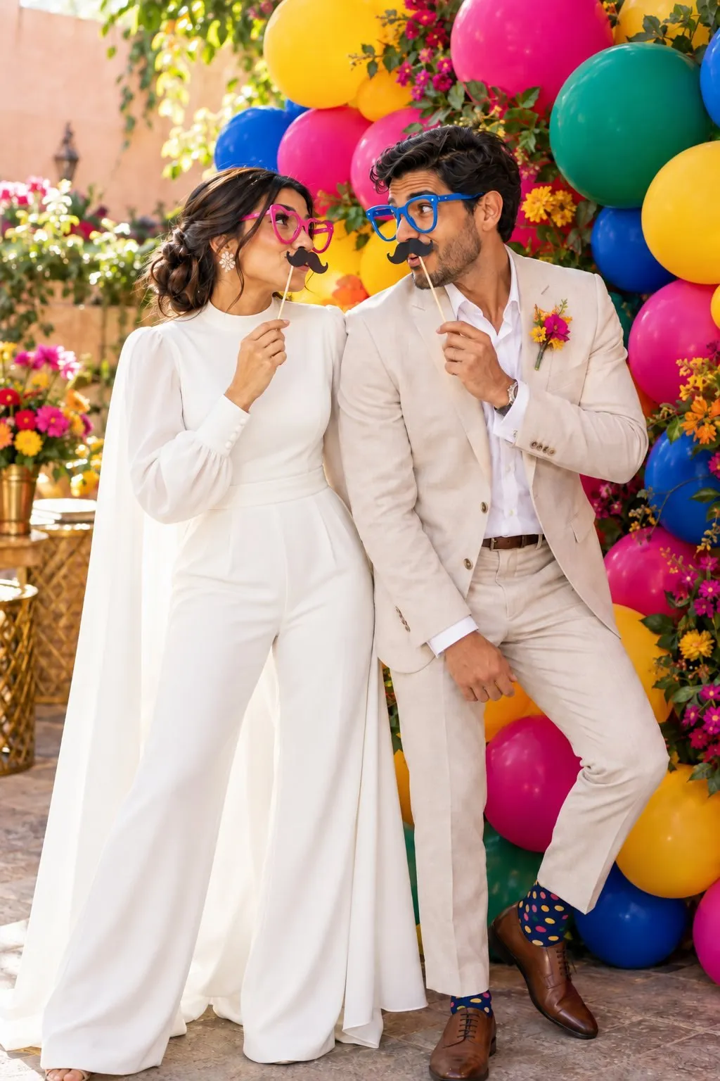 Bride and groom laughing with props inside a wedding photo booth